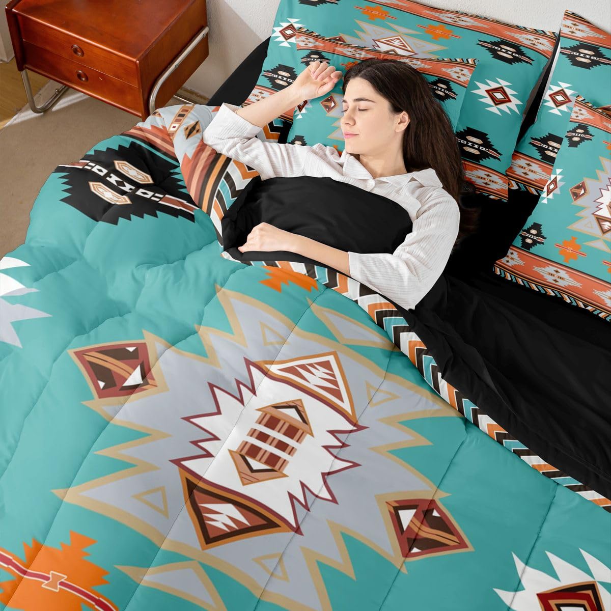 Erosebridal Western Twin Comforter Set with Sheets | Southwestern Decor Geometric 7-Piece Bedding Set Farmhouse Aztec Bed in a Bag, Stripes Diamond Triangle Bed Sets,Teal