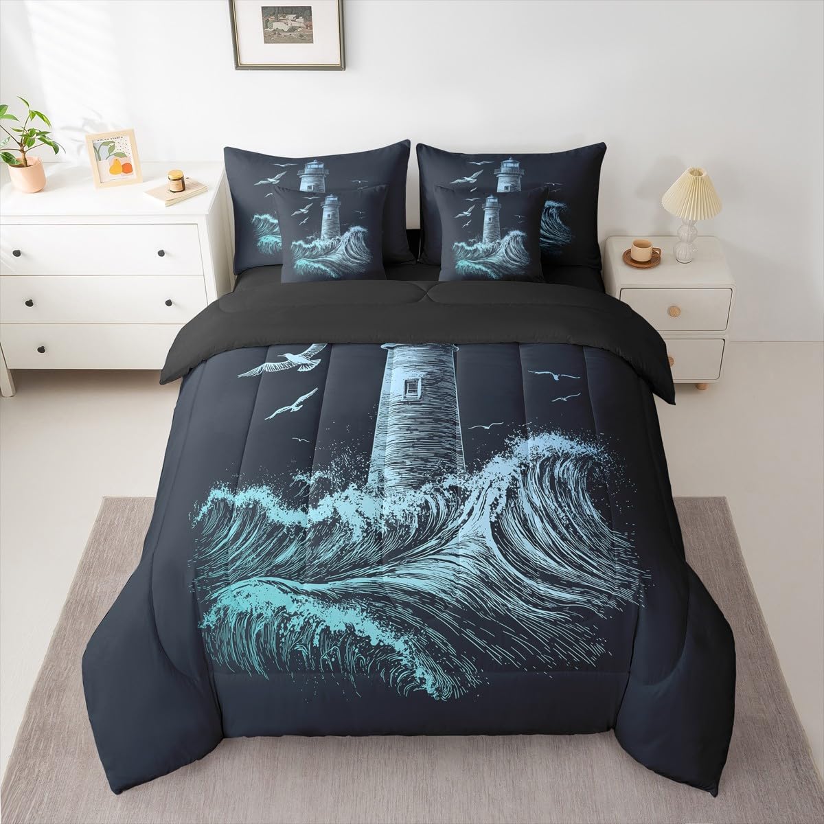 Erosebridal Boys Nautical Comforter Set Men Lighthouse Bed in A Bag King Size 7 Pieces Ocean Wave Bed Set Surfing Coastal Bedding