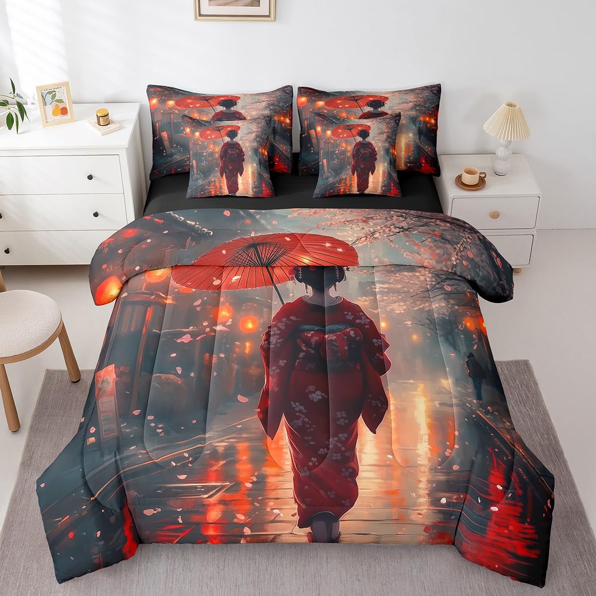 Erosebridal Japanese Comforter Set Twin,Cherry Blossom Bedding Set 7Pcs for Kids Teens Adults,Aesthetic Watercolor Quilt,Ancient Style Bed in a Bag