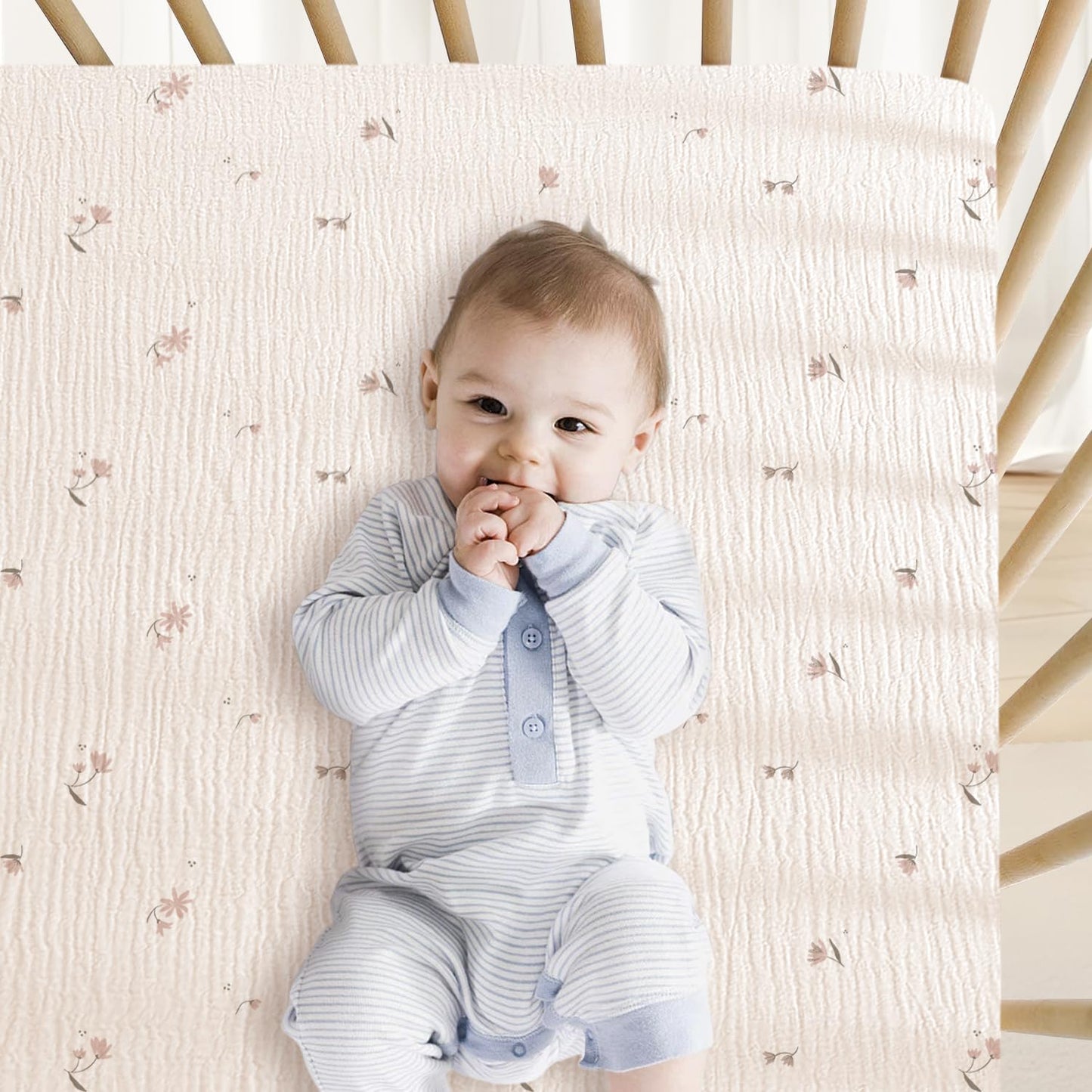 Little Grape Land Muslin Crib Sheets Fitted for Boys and Girls 2 Pack, 100% Cotton Baby Bed Sheets Soft Breathable, Neutral Fitted Baby Mattress Sheets for Standard Crib 52x28 inches, Fog Flower