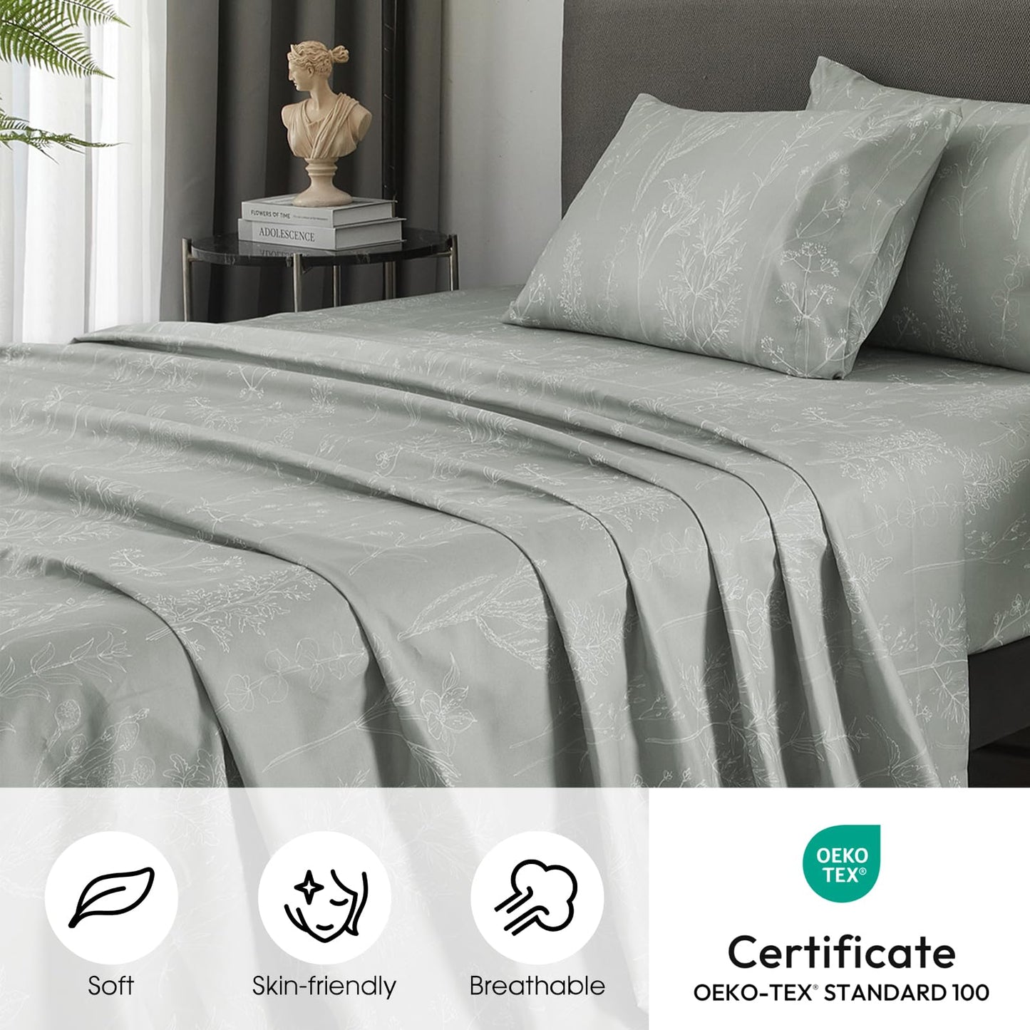HYPREST Floral Bed Sheets, 18 Inch Deep Pocket Queen Sheets Ligh Grey Patterned Sheets Soft Luxury Cooling 1800 Thread Count