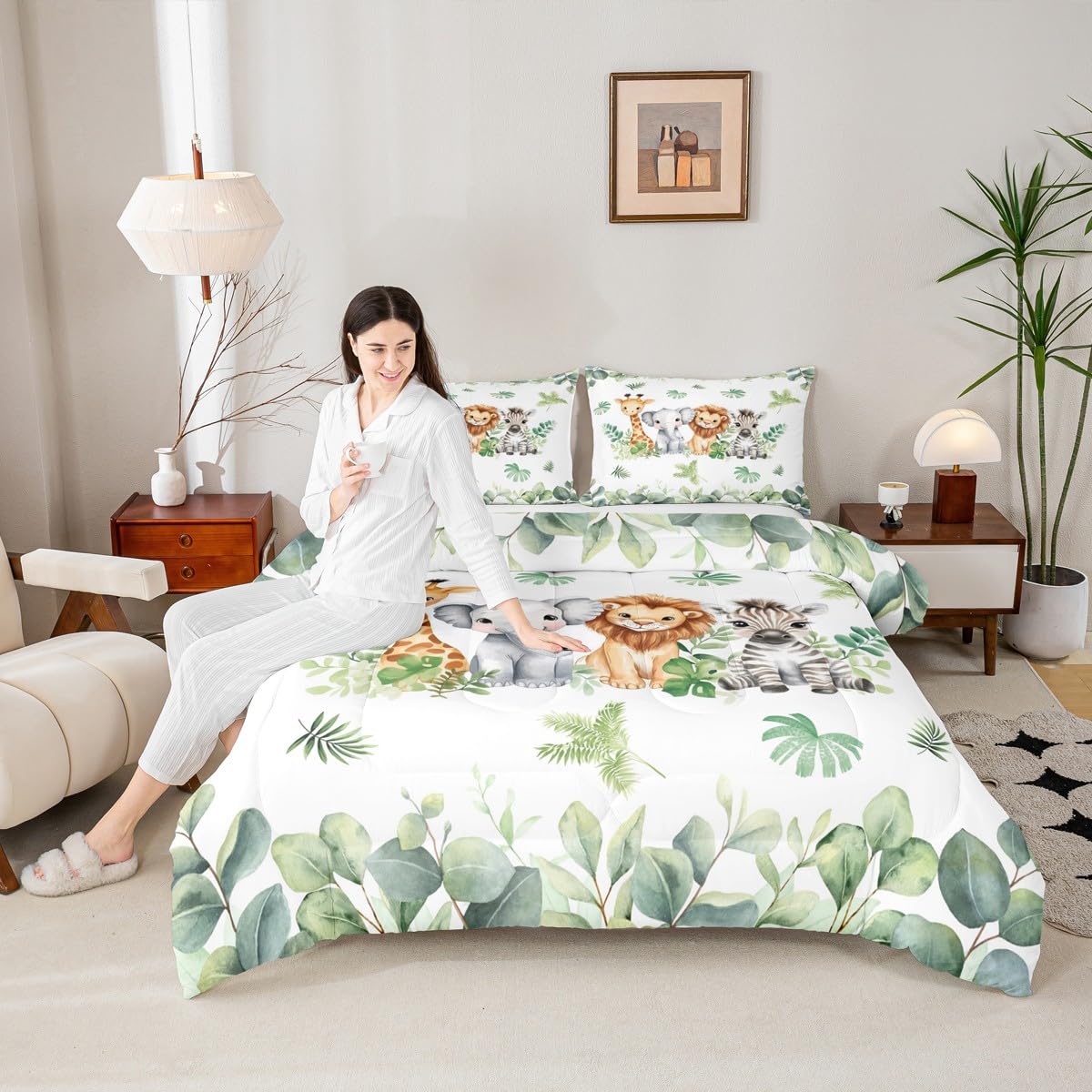 Erosebridal Jungle Animal Bedding Sets for Boys Nursery Giraffe Elephant Comforter Full Size for Kids Girls Baby Green Botanical Eucalyptus Palm Leaves Quilt Zebra Lion Safari Animal Duvet Insert