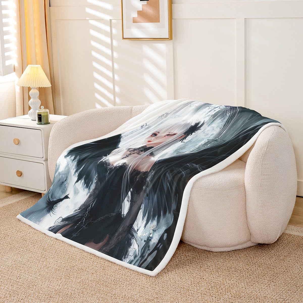 Erosebridal Anime Girl Throw Blanket Twin Size, Kawaii Japanese Anime Fleece Sherpa Blanket for Kids Boys Teens Adult, Cartoon Girl Japan Animation Bedroom Decor, Machine Washable,Black White
