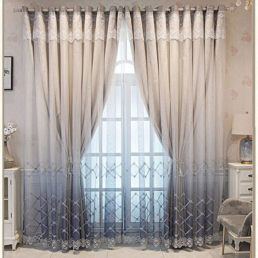Amidoudou 1 Pair Double Layer Geometric Curtains for Living Room Gradient Diamond Pattern Embroidered Curtains for Bedroom (Grey,54x90 Inch)