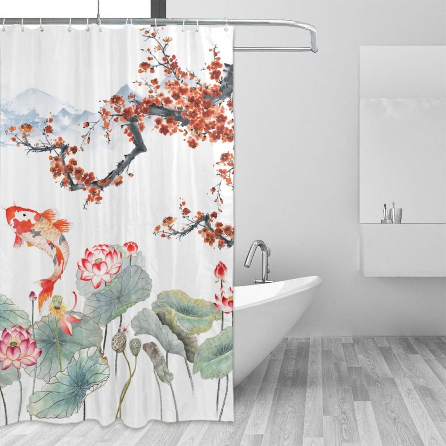 DDCBNS Japanese Koi Fish Shower Curtain,Spring Nature Landscape Cherry Blossoms Floral Print Shower Curtain for Bathroom Decor Asia Oriental Theme Fabric Waterproof Upholstery Hook 66x72inch