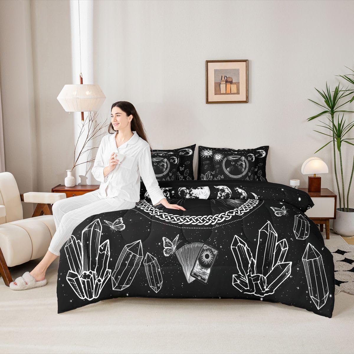 Erosebridal Cartoon Black Cat 7-Piece Bedding Set Full Size for Kids Teens Adults - Kids Cute Cat Bed in a Bag Boho Sun and Moon Comforter Set with Sheets Boho Diamond Butterfly Duvet Insert