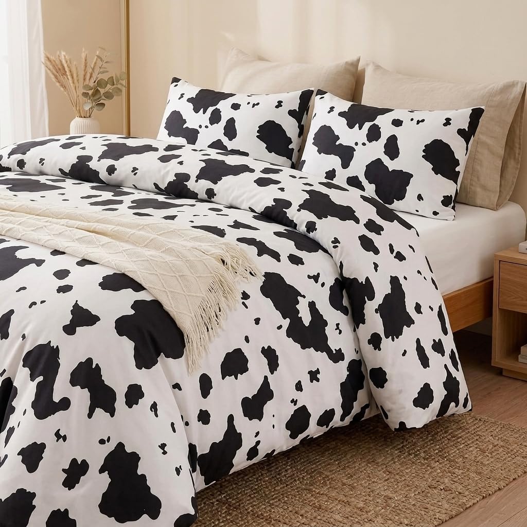 Cozaline 100% Cotton Duvet Cover King Size, Black and White Cow Print Bedding Set with Zipper Closure, Farmhouse Soft Breathable Comforter Cover with 2 Pillowcases for All Seasons