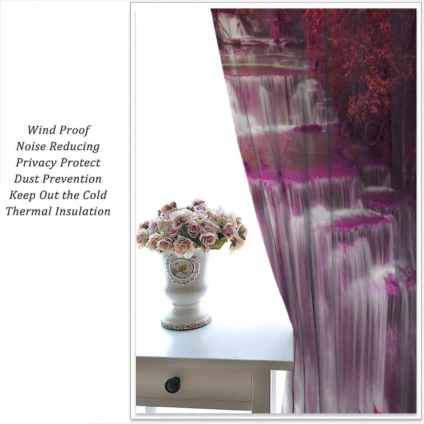 Waterfall Curtains，Spring Nature Theme Pink Red Floral Forest Landscape Scenery Pattern Waterproof Fabric Rod Pocket Window Drapes for Bedroom Living Room Set 2 Panels,42x45 Inches