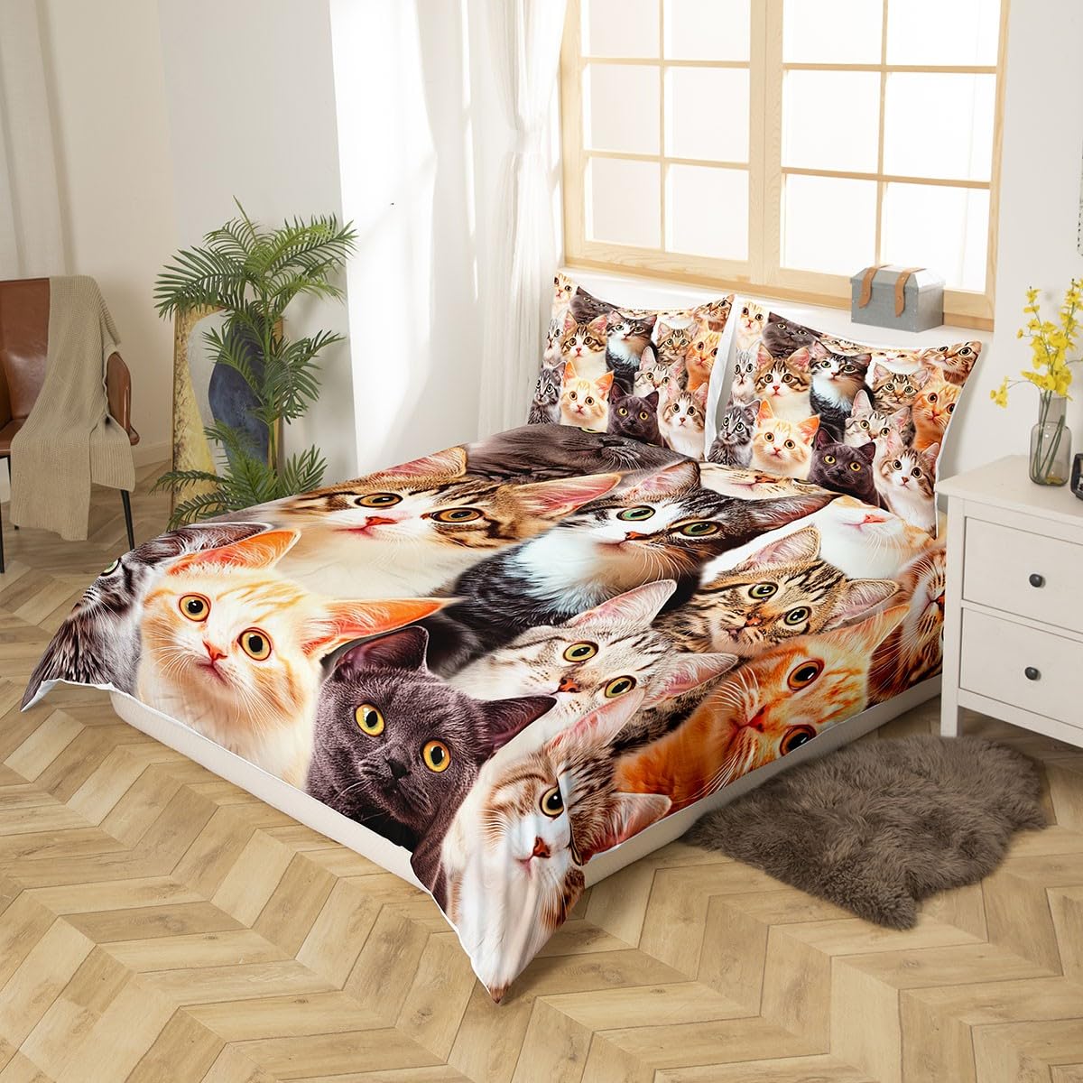 Feelyou Cat Comforter Cover Set Cat Lover Gifts Bedding for Women Cute Kitten Pattern Duvet Cover Set King Cat Quilt Cover Kids Bedroom Decor (1 Bedspread Cover + 2 Pillow Shams) Soft Lightweight