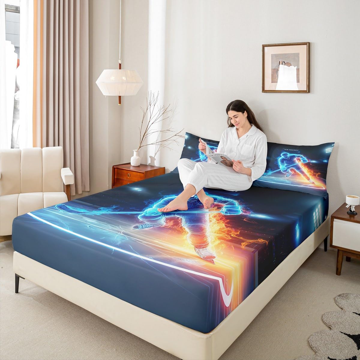 Ice Hockey Fitted Sheet Queen,Ice Fire Athlete Bedding Set 3pcs for Kids Teens Boys Girls Room Decor,Game Sport Bed Cover Modern Bed Sheet Set with 2 Pillowcases