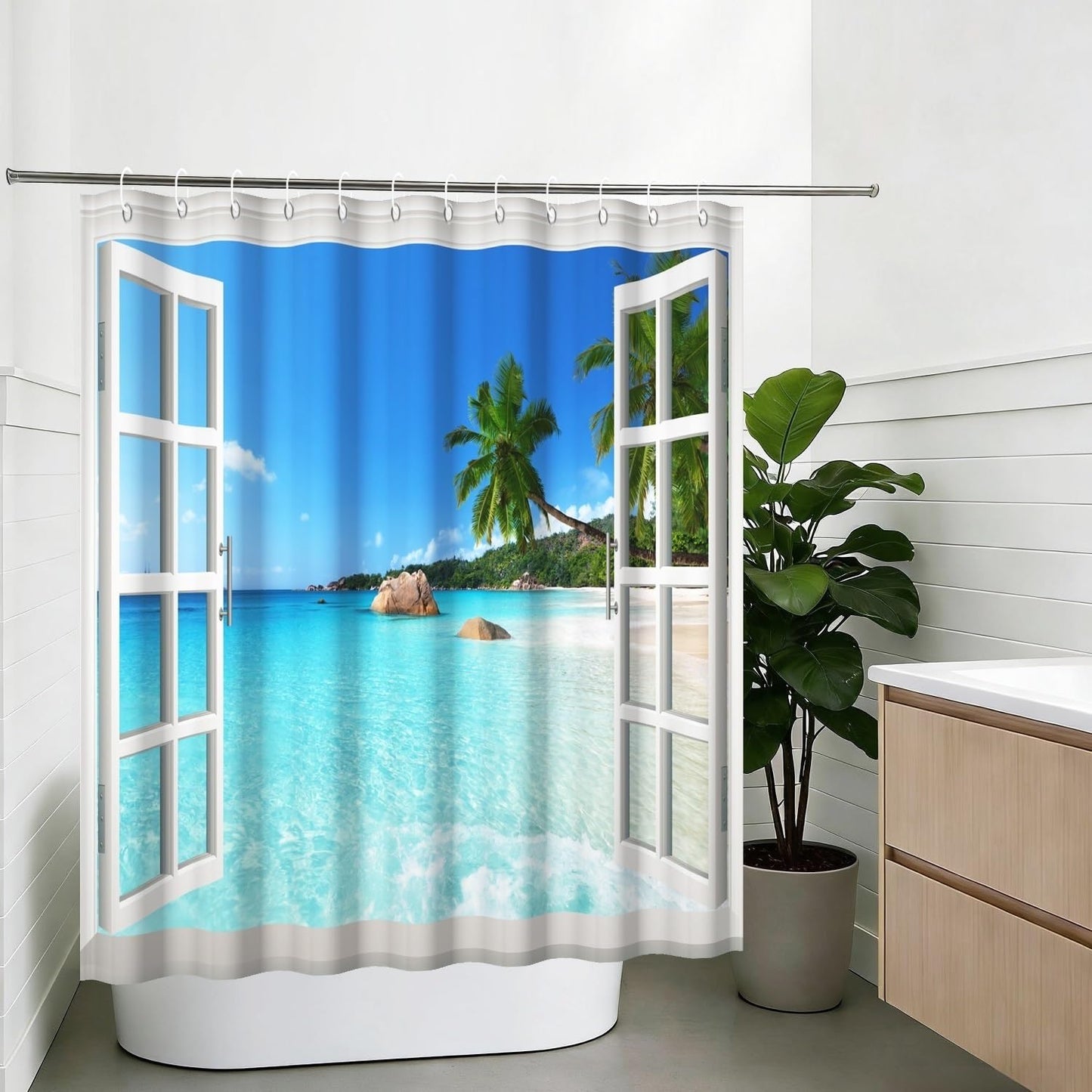 Yeele Ocean Beach Fake Window Shower Curtain, Tropical Seascape Bathroom Decor, Machine Washable Decorative Bath Curtain 60x72 Inch with Hooks