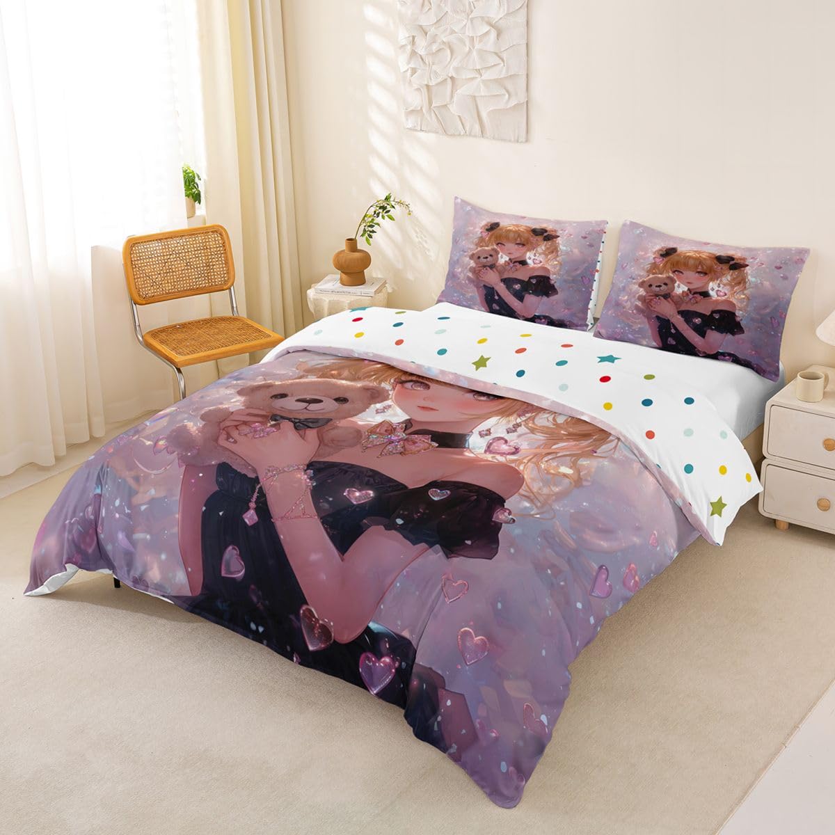 Erosebridal Bow Girls Twin Down Comforter Pink Kawaii Cartoon Anime Kids Comforter Set with 1 Pillow Case,Romantic Aesthetic Princess Bedding Set Japanese Style Girl Bed Set