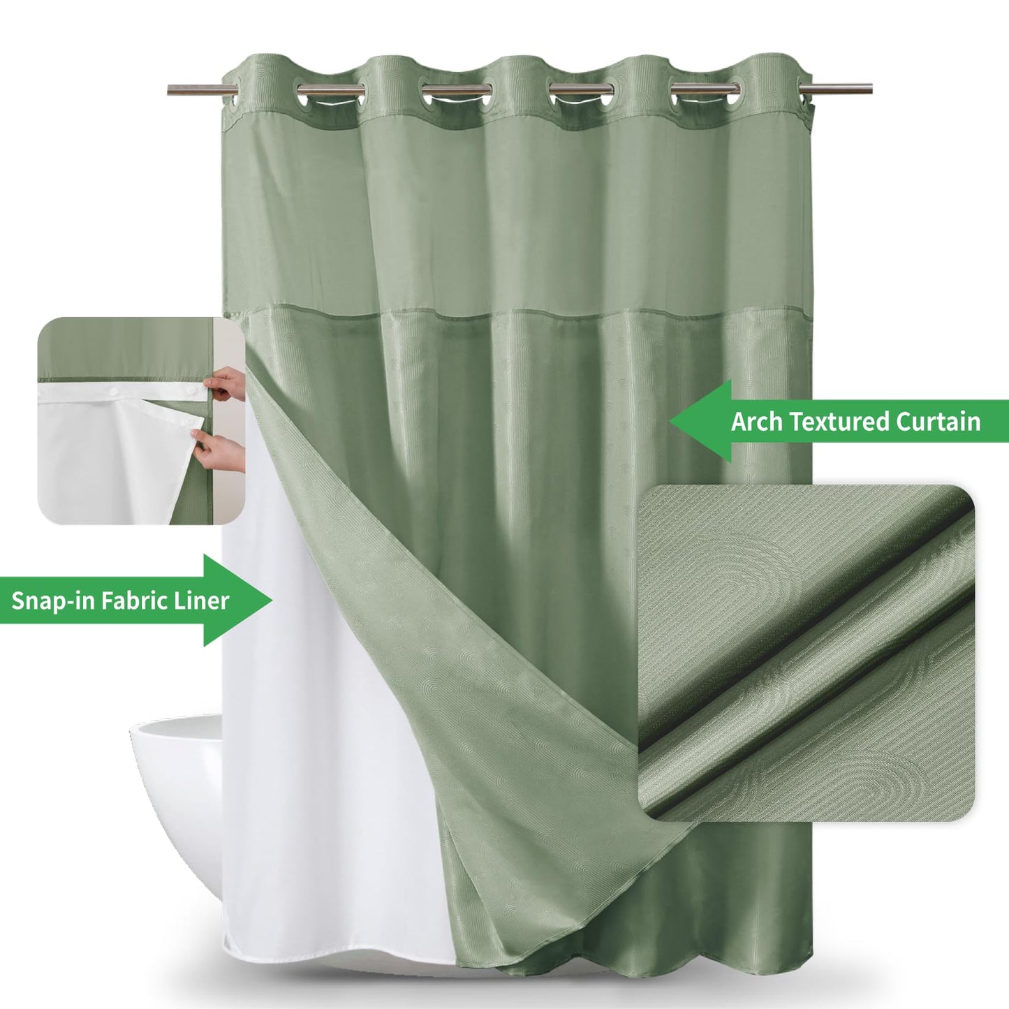 eachope Extra Long No Hook Shower Curtain with Snap-in Fabric Liner Set,Boho Arch Textured Fabric Fabric Shower Curtain for Bathroom with Sheer Window,Waterproof & Washable,71 x 86,Green