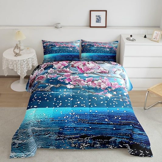 Manfei Lake Landscape Twin Size Comforter Set,Pink Blossom Flower Quilt Set Soft Bed Collection,Moon Night Bedding Comforter for Boys Girls Room Decor,2 Pcs