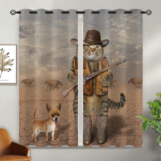 ONINUO Funny Cat Blackout Curtains for Girls Boy Home Decor, Cool Cowboy Cat Dog Cattle Animal Grommet Thermal Insulated Drapes Darkening Window Curtain for Bedroom Living Room, 42 x 45 Inch