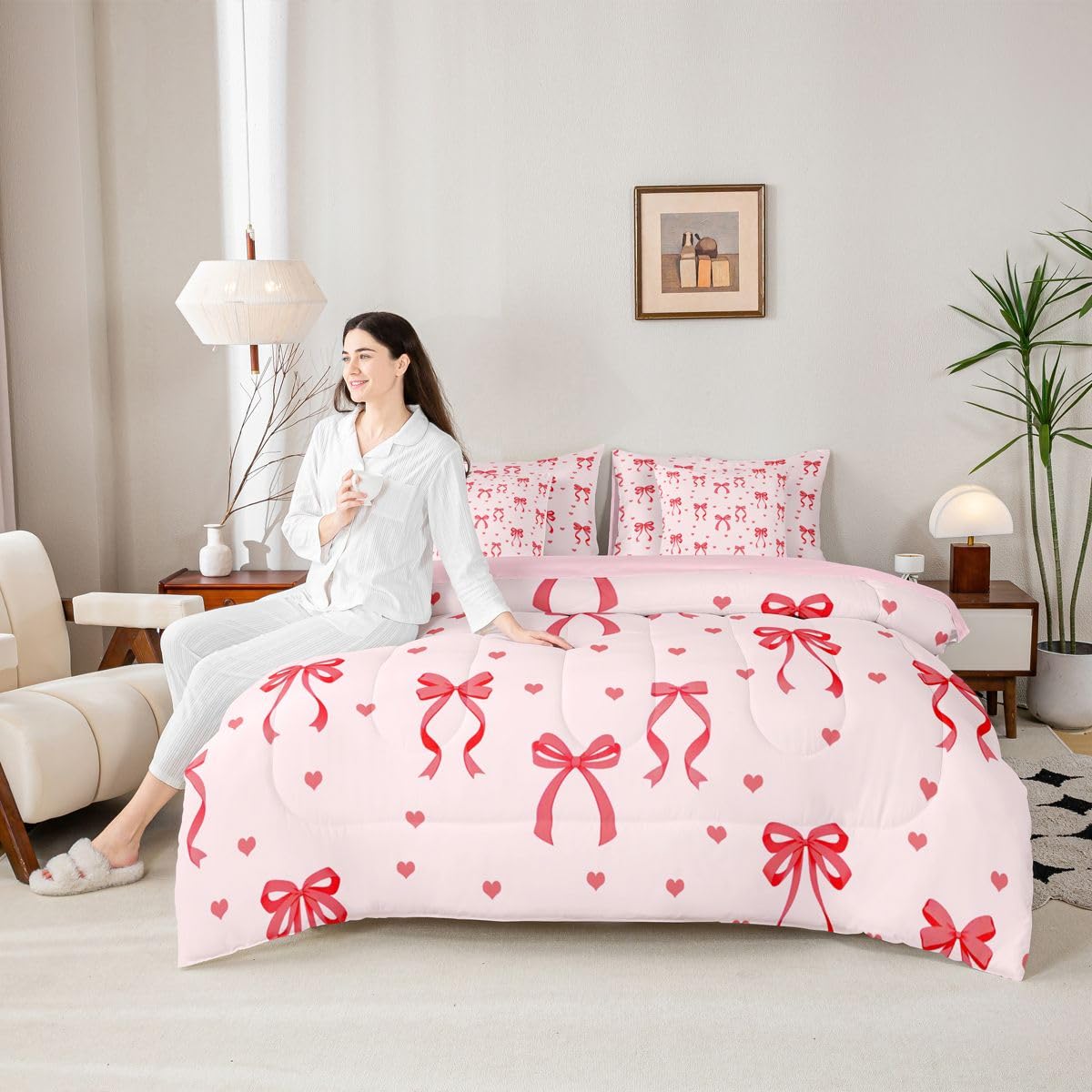 Erosebridal Kawaii Bowknot Full Size Comforter Set,Dreamy Princess Style 7-Piece Bed in A Bag,Girly Cute Bow Sheets and Pillowcases,Pink Red Bow Tie Bedding Set Room Decor