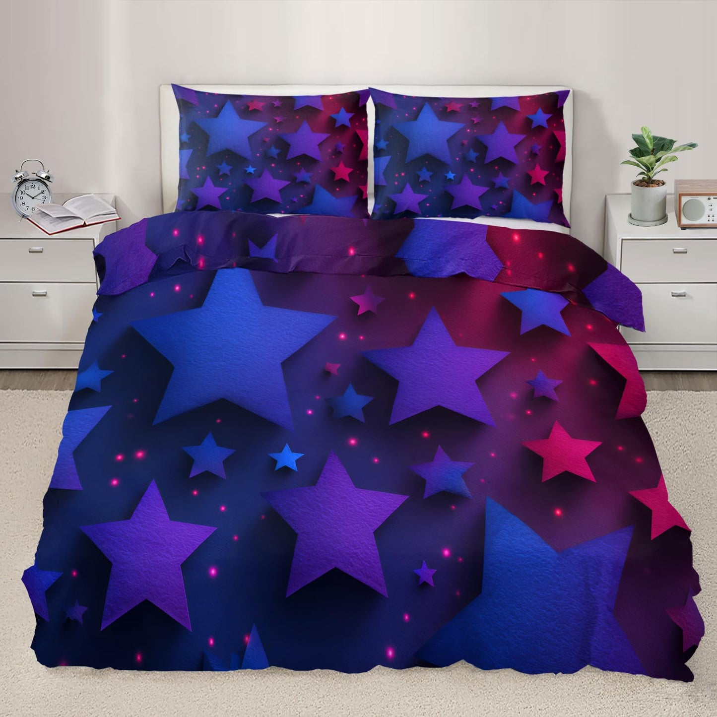 ZAOMIR Blue Purple Stars Duvet Cover Queen Size, Colorful Dark Bedding Set 3 Piece, Neon Lights Stars Patterned Comforter Cover with Zipper Soft Microfiber, 2 Pillowcases