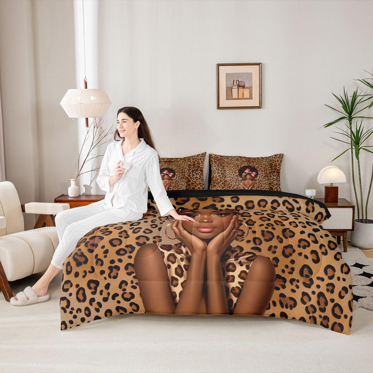 Erosebridal Bowknot Black Girls Queen Bedding Set Aesthetic Leopard Print Comforter Set with Flat and Fitted Sheet Teen Woman Animal Print 7-Piece Bed in a Bag Cute Red Cherry Quilt Sets