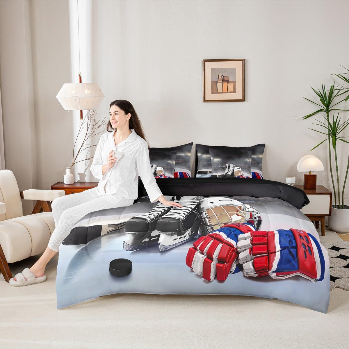 Erosebridal Ice Hockey King Comforter Set, Hockey Player 7-Piece Bed in A Bag, Boys Teens Sports Game Sheets and Pillowcases, Winter Sports Bed Sets