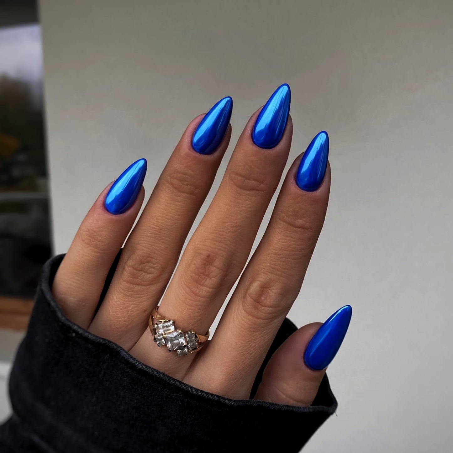 Royal Blue Chrome Press on Nails Medium Almond, KQueenest Mirror Metal Stiletto Fake Acrylic Nails with Bling Design, Dark Color Glue on Nails for Daily Party Wear, False Nails Press ons in24 PCS