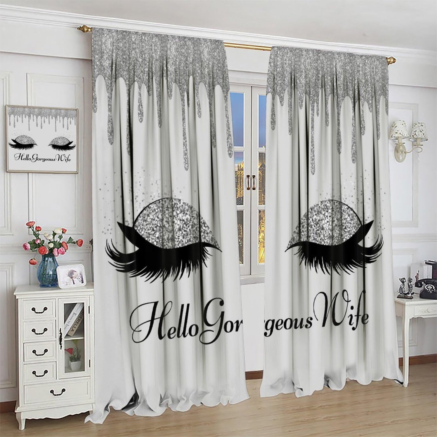 VUMIVI Hello Gorgeous Curtains Silver Drip Eyelashes Makeup Fashion Trend Window Treatments for Girls Kids Bedroom Living Dining Room 42" W X 44.5" L