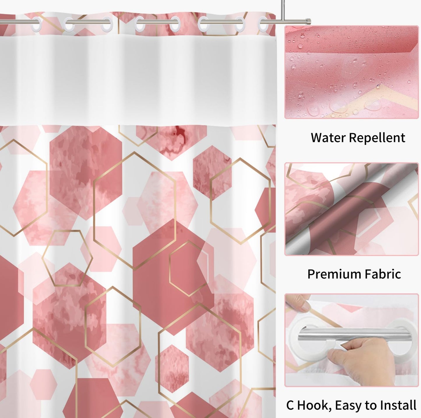 deFouliao Pink Shower Curtain with Snap in Liner No Hook Geometric Grid Modern Bathroom Curtain with See Through Mesh Top Window, Fabric Waterproof Inner Liner, 71x74 Inches