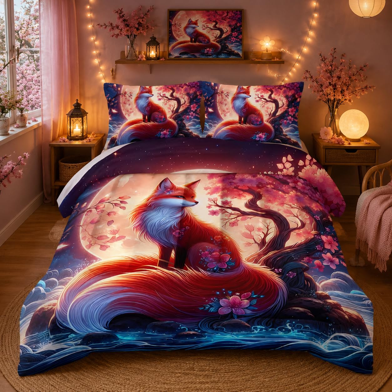 Nttopship Fox Comforter Bedding Set with 2 Pillowcase Full Size Cartoon Fox Sakura Comforter Set for Kids Boys Girls Bedroom Decor
