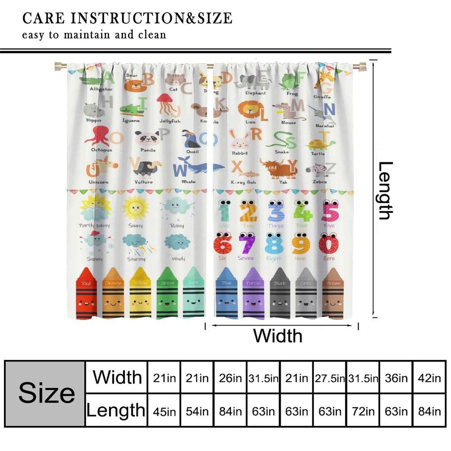 ABC Alphabet Education Curtains for Kids Colorful Cartoon Educational Crayons for Preschoolers to Learn the Alphabet Windows Treatments for Nursery Boys Bedroom Living Room 42x44.5in（No Blackout）