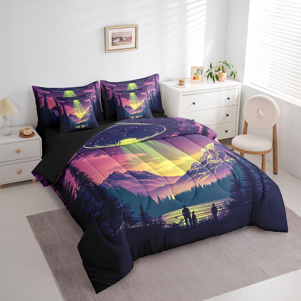 Feelyou Kids Galaxy 7 Pieces Bedding Set Queen Size, Outer Space Comforter Set with Sheets Boys Girls 3D Printed Space Bed in A Bag Space Outer Sky Teens Bed Set Bedroom Decor 7Pcs