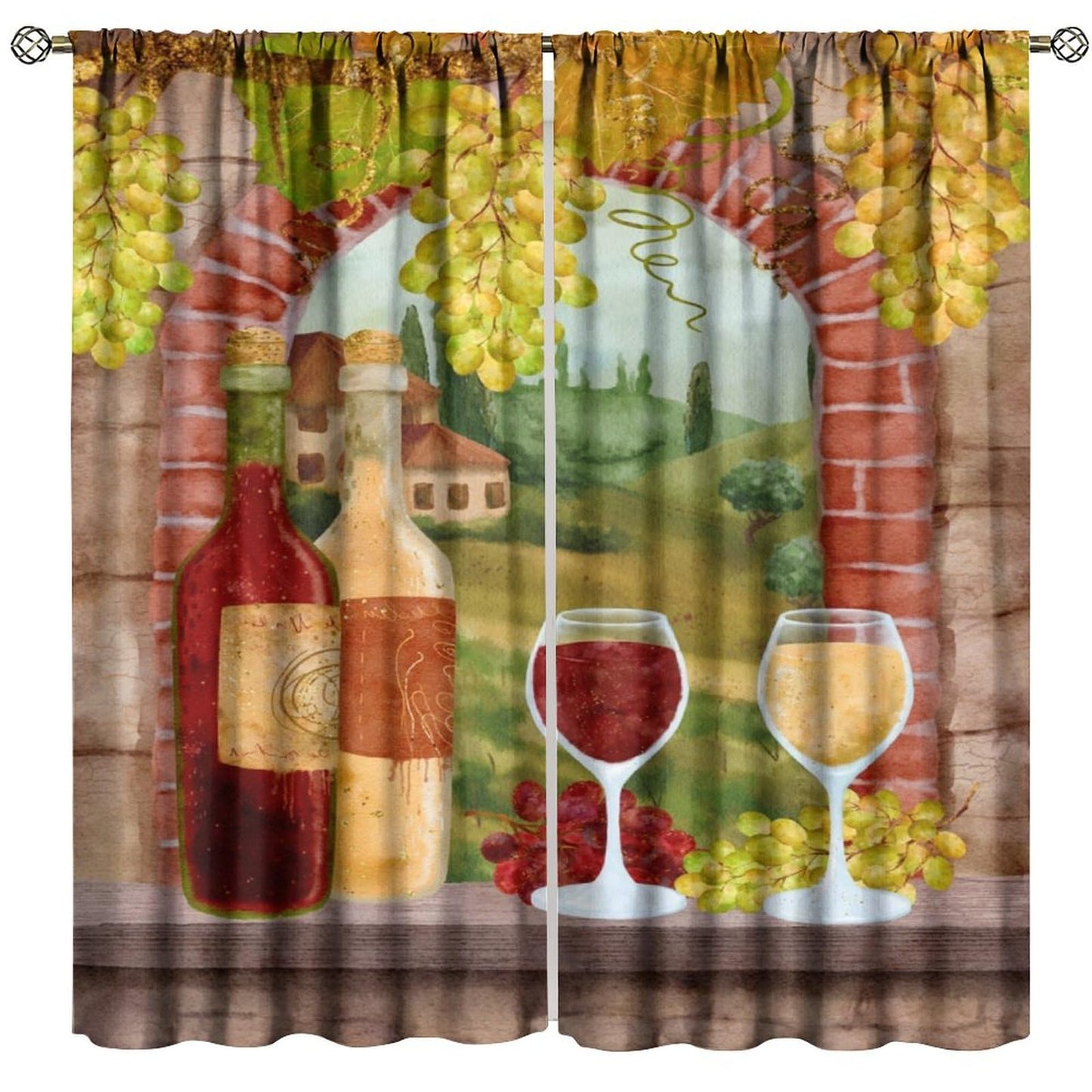 GoDazzling Red Wine Blackout Curtains, Watercolor Pattern Bottles Glasses Grapes Retro Abstract Window Drapes, for Living Room Bedroom 42" W X 45" L