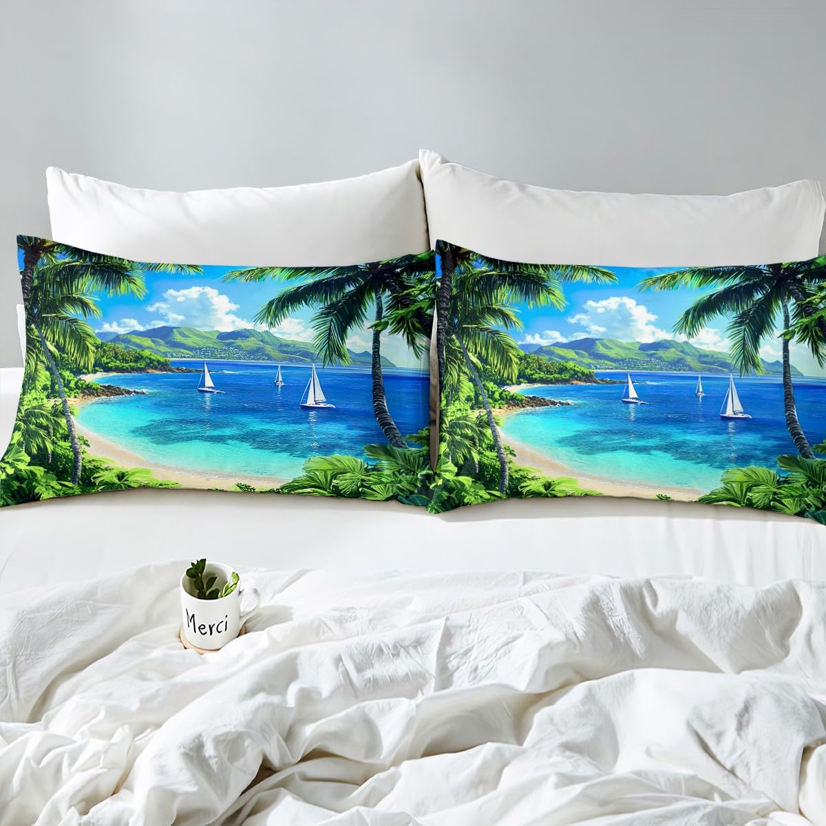 jejeloiu Beach Theme Fitted Sheet Full Size Kids Palm Leaf Bed Sheets Set for Boys Girls Teens Summer Ocean Wave Sailboat Printed Bedding Set Room Decor