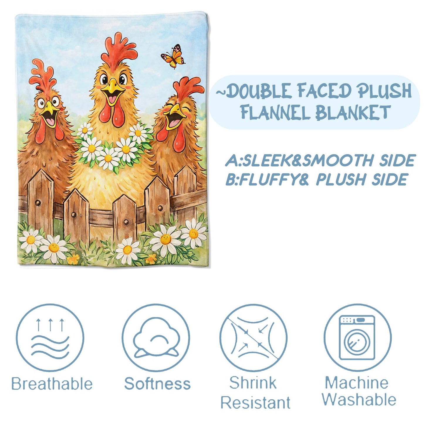 Zeleda Cute Chicken Daisy Cozy Throw Blanket for Couch Sofa Bed, Soft Flannel Farm Animal Blankets for Women Kids Girls, Warm Lightweight Whimsical Cartoon Throws for Room Decor Gifts, 50x60 Inches