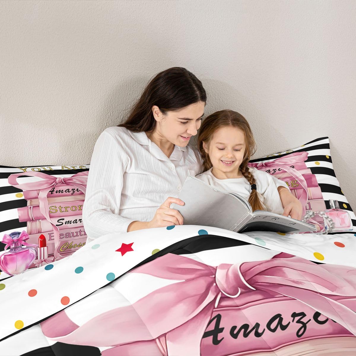Erosebridal Pink Cute King Bedding Set Girly Fashion Bow Comforter Set for Girls Teens Kids Women Modern Black and White Stripe Quilt Positive Quotes Books Pearl Perfume Bed Sets