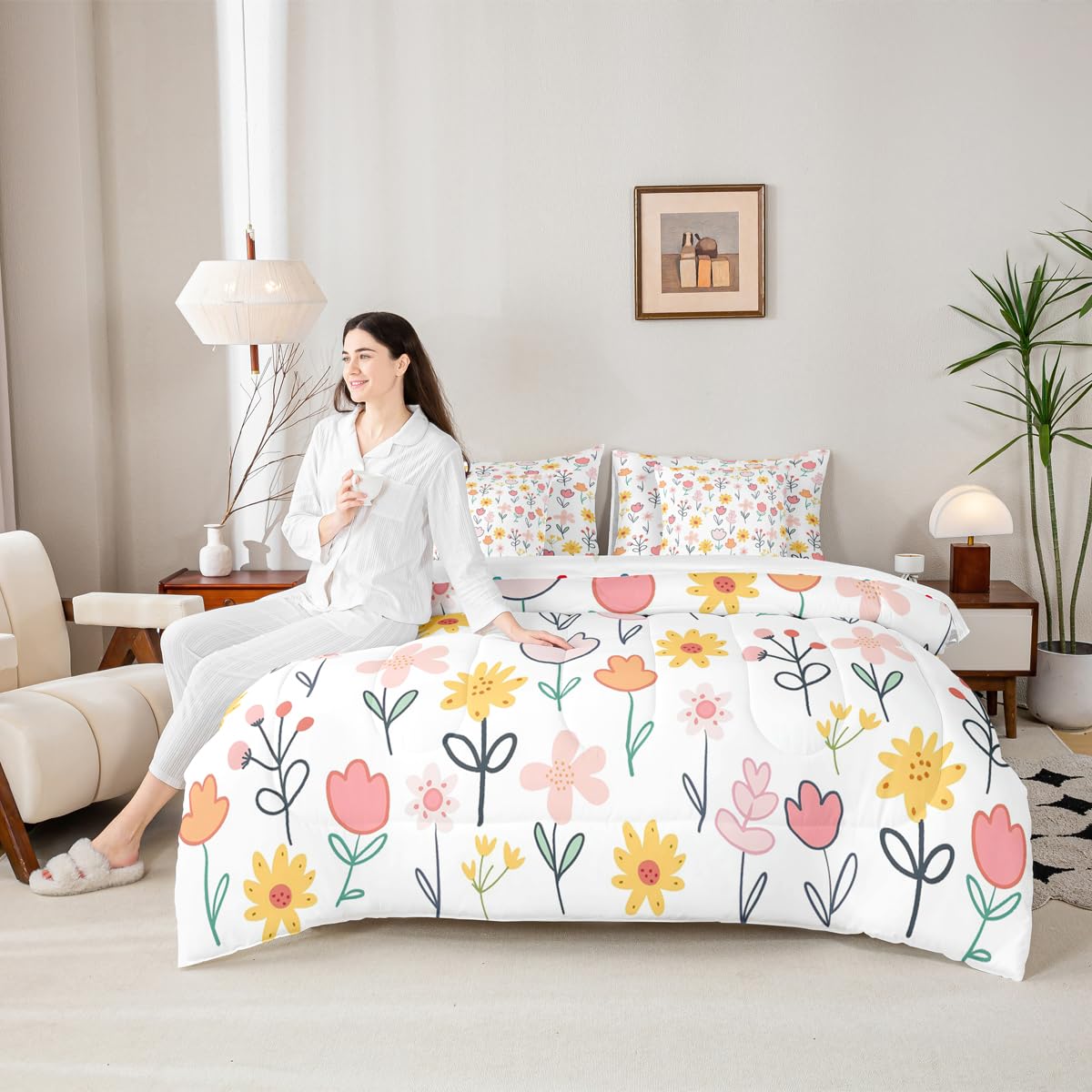 Feelyou Floral Comforter Set with Sheets 7 Piece Queen Size Plant Bedding Set for Kids Boys Girls Farmhouse Garden Bed in a Bag Cute Room Decor Pink Yellow White Soft Lightweight Microfiber