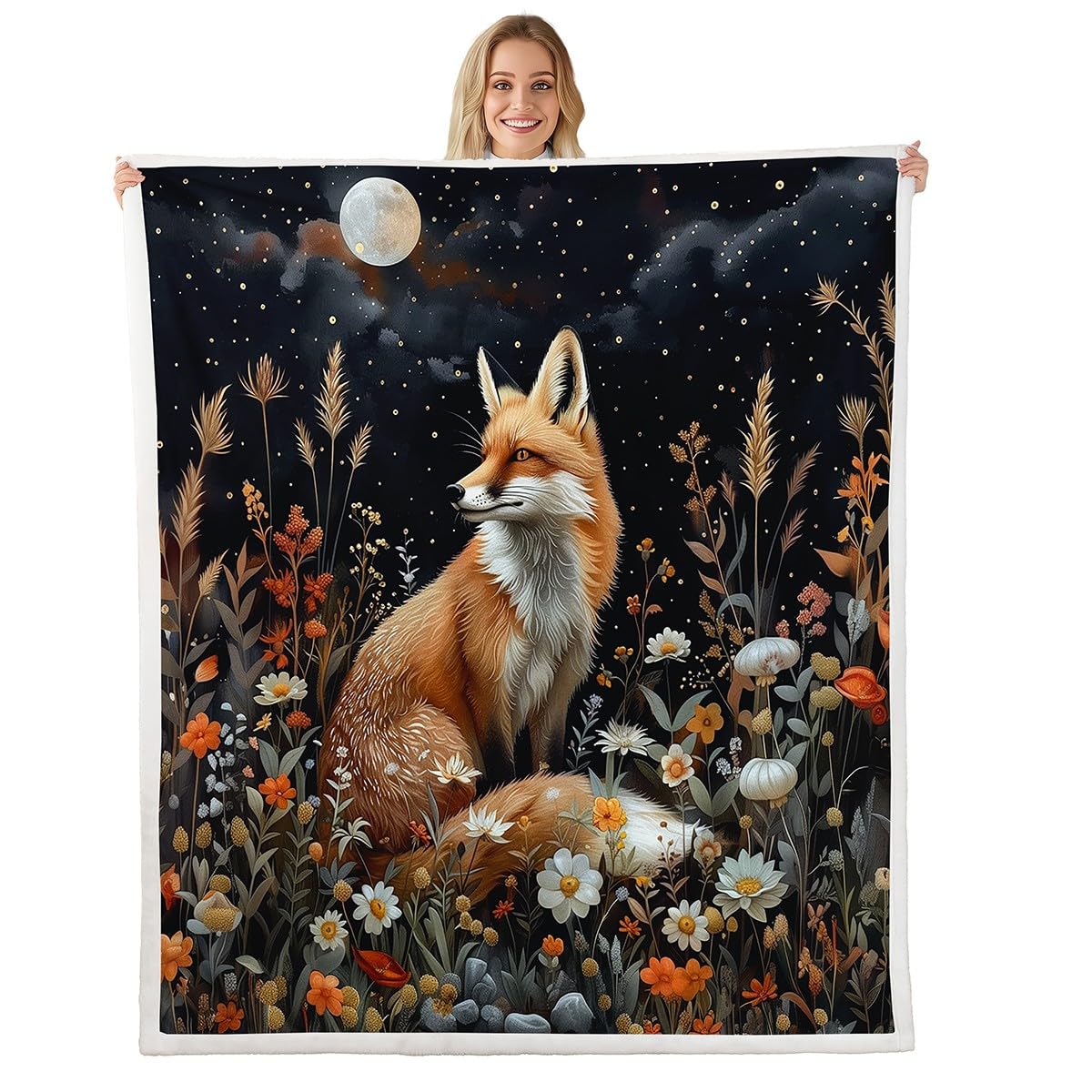 Erosebridal Fox Fleece Blanket Jungle Floral Sherpa Blanket 90"x90", Bohemian Garden Flowers Wild Animal Woodland Animals Fuzzy Plush Throw