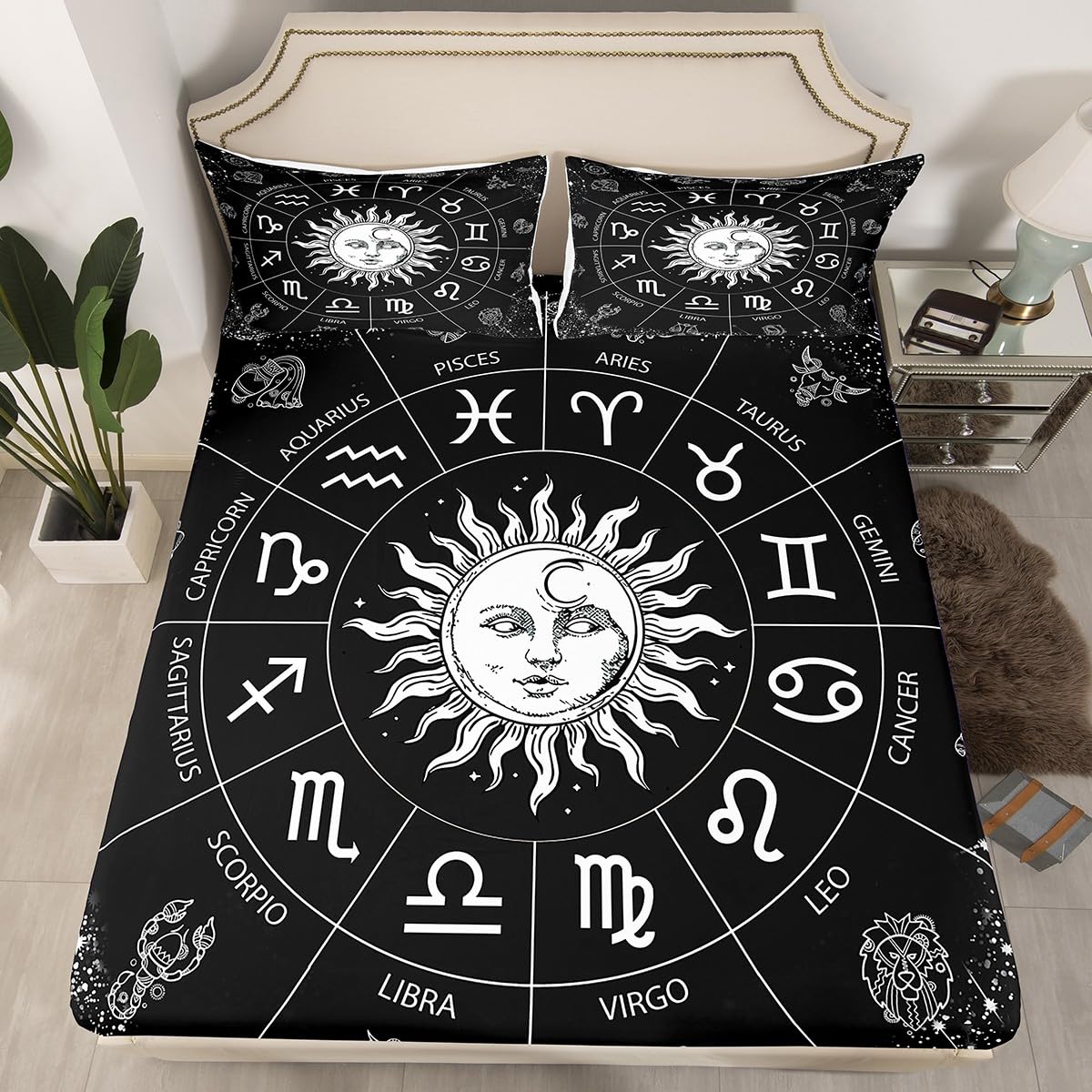 Manfei Sun and Moon Fitted Sheet Twin Size Twelve Constellations Zodiac Bedding Set 2pcs for Kids Boys Girls Bedroom Decor, Astrology Bed Cover Black and White Bed Sheets with 1 Pillowcase