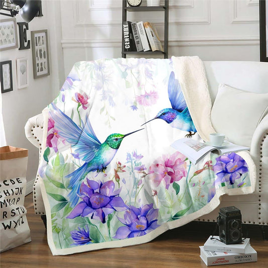 Hummingbird Girls Plush Blanket Throw Butterfly Flower Birds Fleece Bed Blanket Wild Animals Sherpa Blanket Floral Plants Fresh Nature Fuzzy Blanket For Women Bedroom Sofa Decor Throw 50"x60" Green