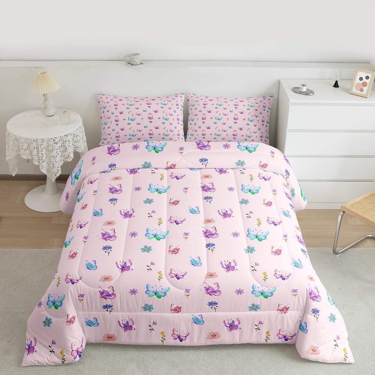 Feelyou Butterfly Kids Comforter Set Full Size Floral Bedding Set Farmhouse Garden Duvet Quilt for Kids Boys Girls Bedroom Cute Decor Purple Pink Microfiber Ultra Soft Breathable