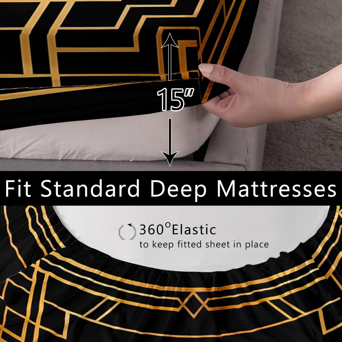 AILONEN King Ruler Monarch Fitted Sheet Set Full,Black Gold Art Bedding for Boys Men,3 Piece Luxury Geometric Bedroom Decor with 2 Pillowcases,16" Deep Pocket