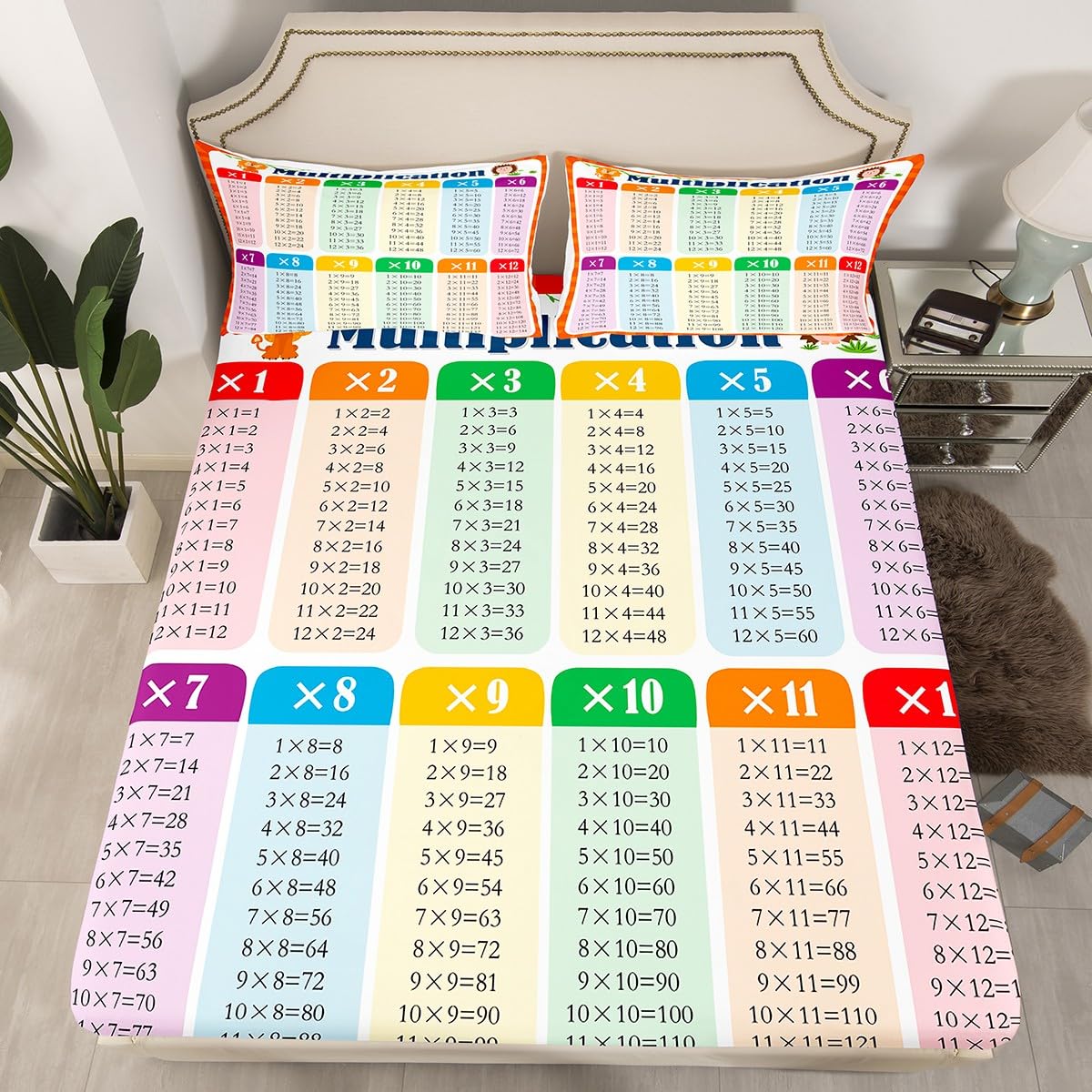 Multiplication Bed Sheet Set Twin, Math Games Fitted Sheet for Kids Educational Bedding Set Learning Time Bed Cover Lightweight Bed Set (No Flat Sheet)