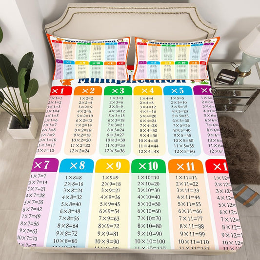 Multiplication Bed Sheet Set Twin, Math Games Fitted Sheet for Kids Educational Bedding Set Learning Time Bed Cover Lightweight Bed Set (No Flat Sheet)