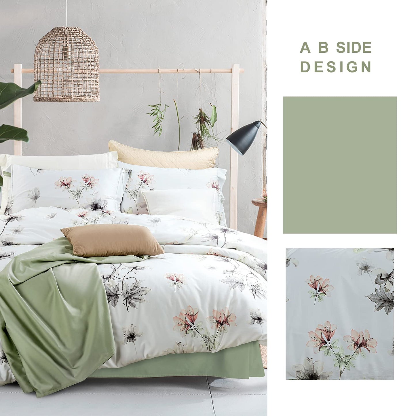 MILDLY 100% Long-Staple Cotton Duvet Cover Set White Green Floral Leaves Pattern Printed Comforter Cover 3pcs, Ultra Soft & Breathable Bedding Set