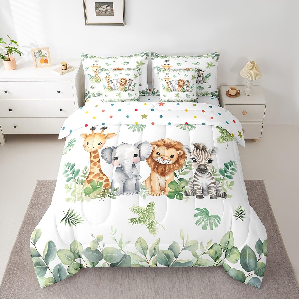 Erosebridal Jungle Animal Twin Size Comforter Set with Sheets | Giraffe Elephant 7-Piece Bedding Set Green Botanical Eucalyptus Palm Leaves Bed in a Bag Zebra Lion Safari Animal Bed Quilt Sets