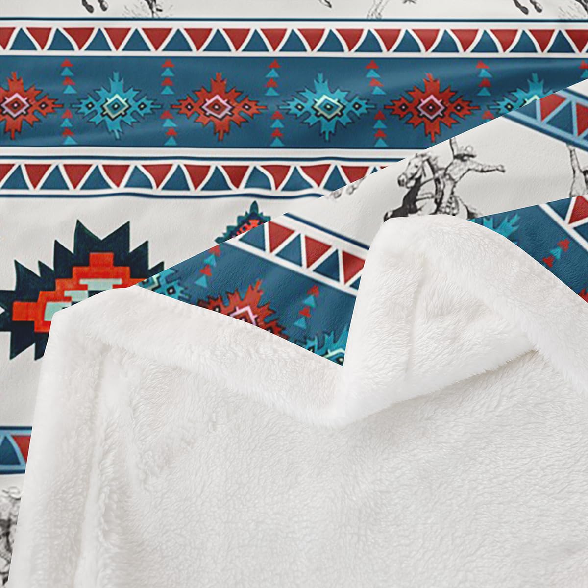 Feelyou Western Cowboy Sherpa Throw Blanket for Couch Southwestern Aztec Pattern Super Cozy Fleece Ranch Farmhouse Blanket for Winter, Plush Throw Horse Riding Design 40"x50" Teal and Red All Season