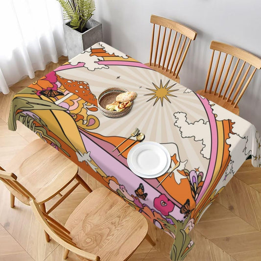 LOMADIA Botanical Rectangle Tablecloth, Abstract Cartoon Colorful Mushroom Flower Butterfly Pattern Waterproof Polyester Table Cloth Oil-Proof Table Cover for Kitchen Dining Party Decor 55"x110"