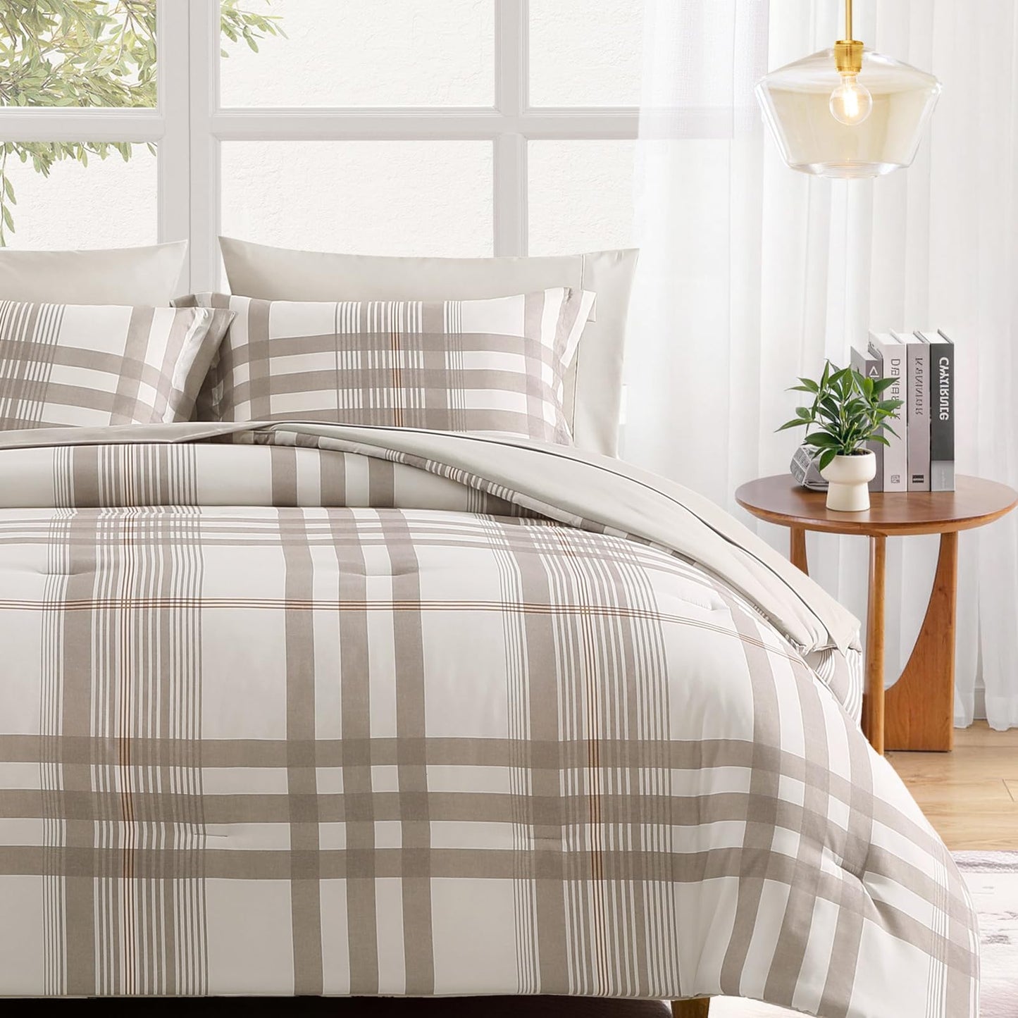 MaiRêve Queen Comforter Set Brown Grey, Classic Plaid Farmhouse Bedding Sets 7 Pieces, All Season Lightweight Bed in a Bag with Sheets, Pillowcases & Shams