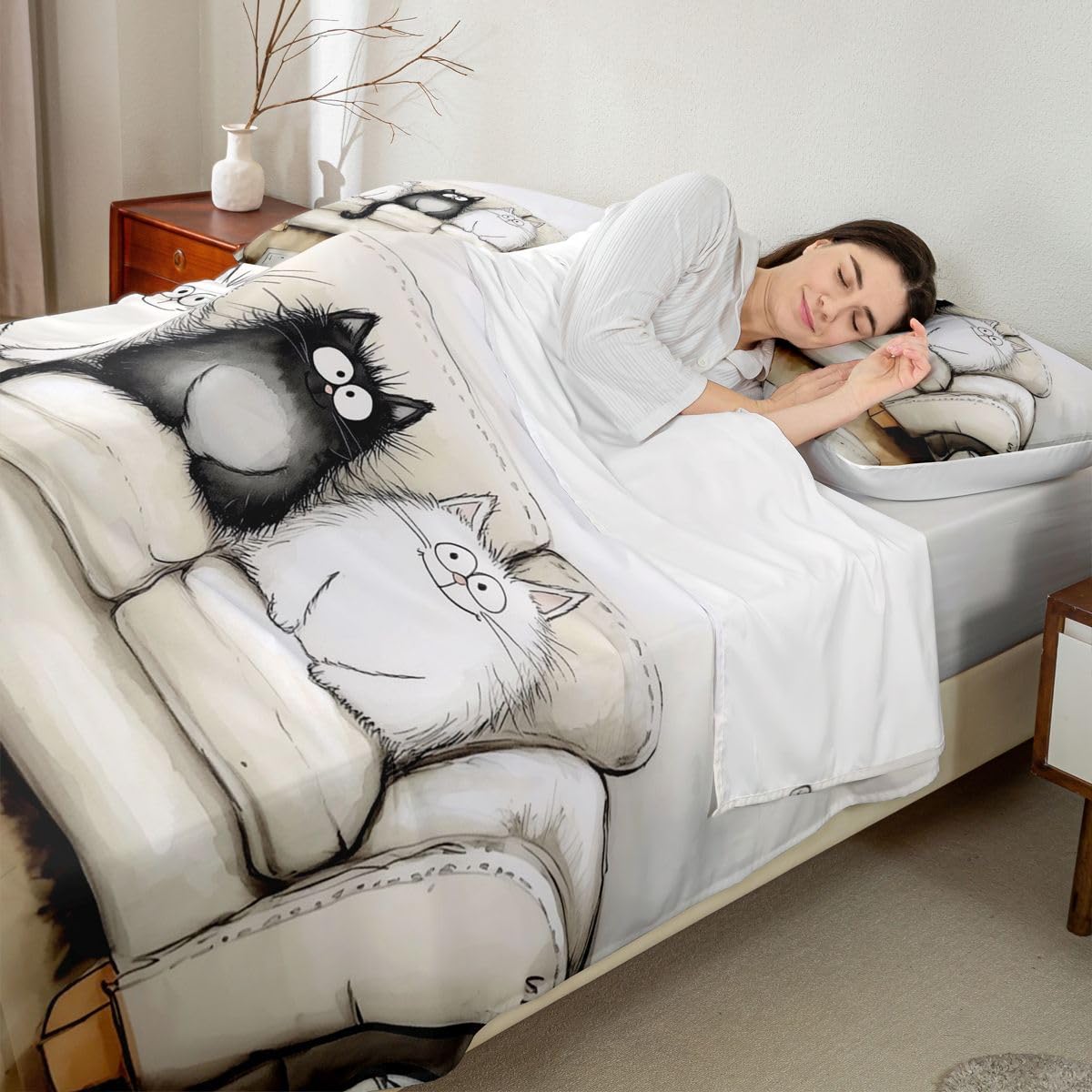Erosebridal Cute Cat Bed Sheets Full | Black White Hand Drawn Sheet Set for Kids Boys Girls Cartoon Kawaii Cats Sheets Pet Animal Flat Fitted Sheet 3 Pcs
