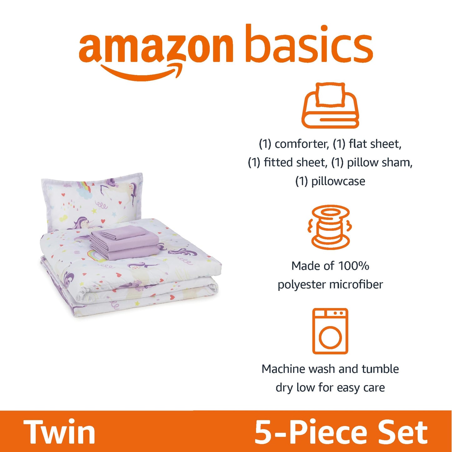 Amazon Basics 5-Piece Soft, Easy-Wash Microfiber Kid's Bed-in-a-Bag Bedding Set with Sheet and Comforter, Twin, Unicorn Print