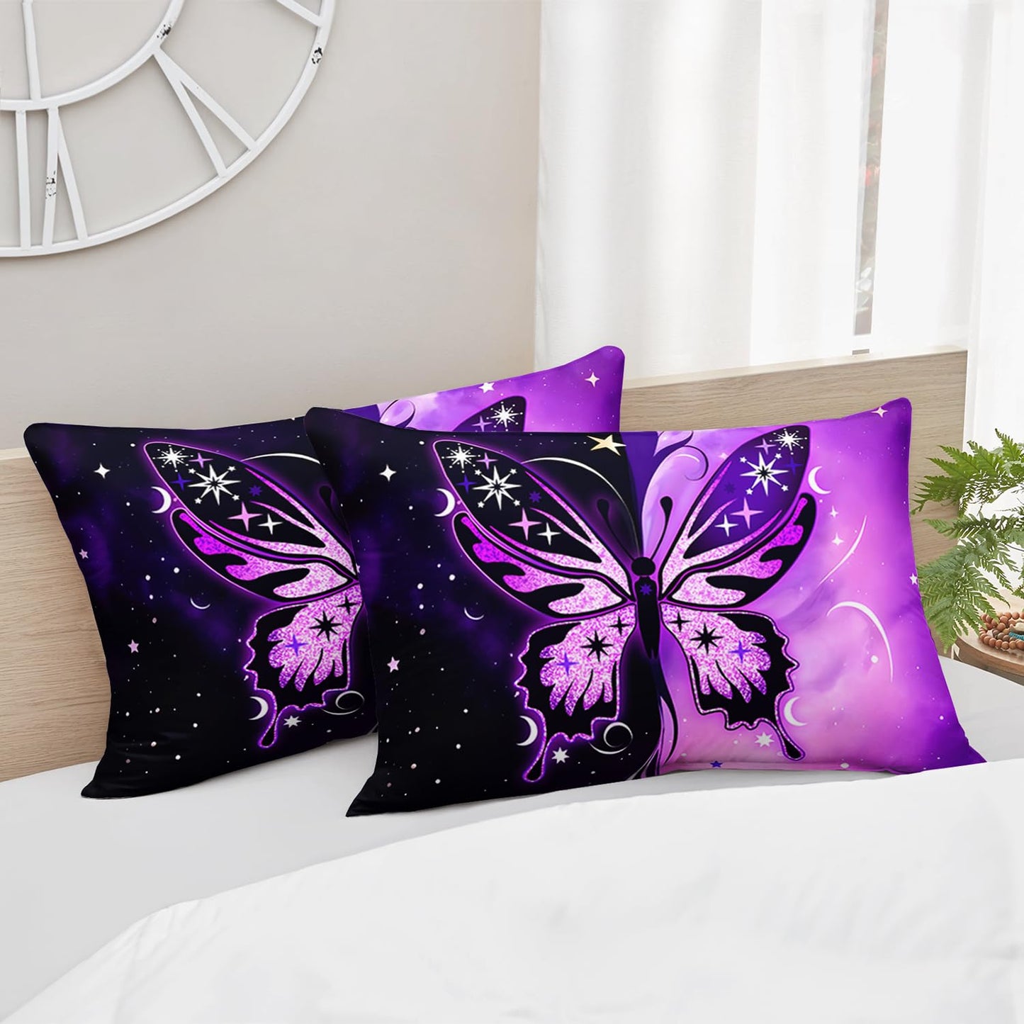 HOSIMA Butterfly Twin Bedding Sets for Girls Room Decor,Symmetrical Aesthetics Butterfly Fitted Sheet,Black Purple Background Print Animal Bedding with Stars Pattern,1 Fitted Sheet+2 Pillowcases.