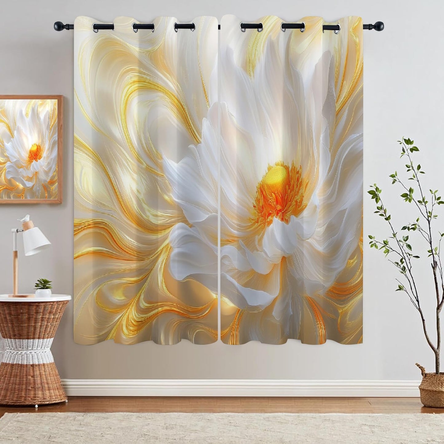 Blooming White Flowers Blackout Curtains, Shiny Gold Background Window Curtain Set of 2 Panels, 3D Printed Darkening Thermal Insulated Drapes for Bedroom Home Living Room(63" W x 63 "L)
